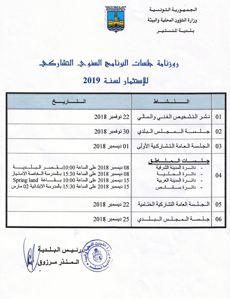 رزنامة جلسات البرنامج السنوي التشاركي للاستثمار لسنة 2019