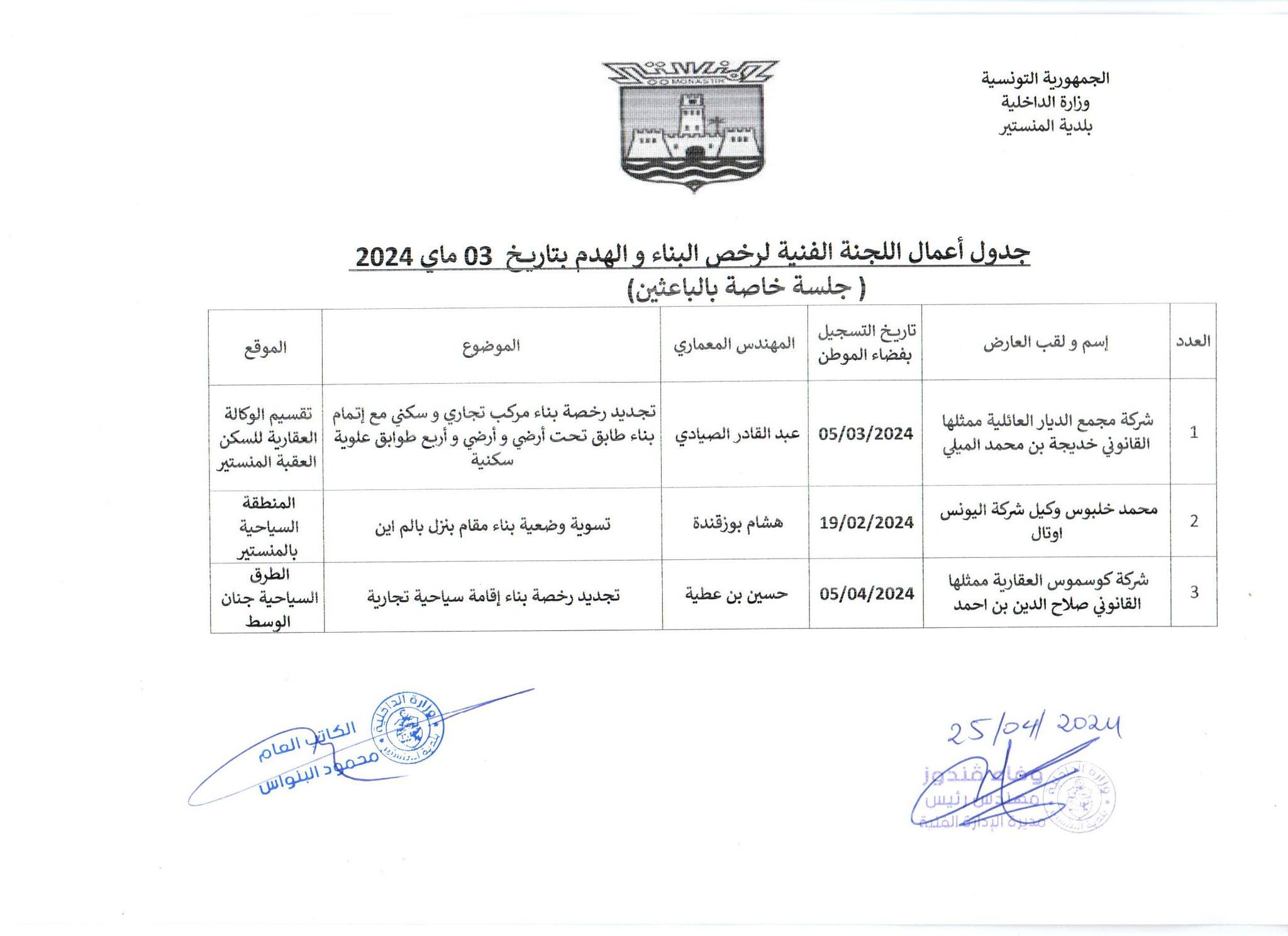 جدول أعمال اللجنة الفنية لرخص البناء والهدم  بتاريخ 03  ماي 2024.