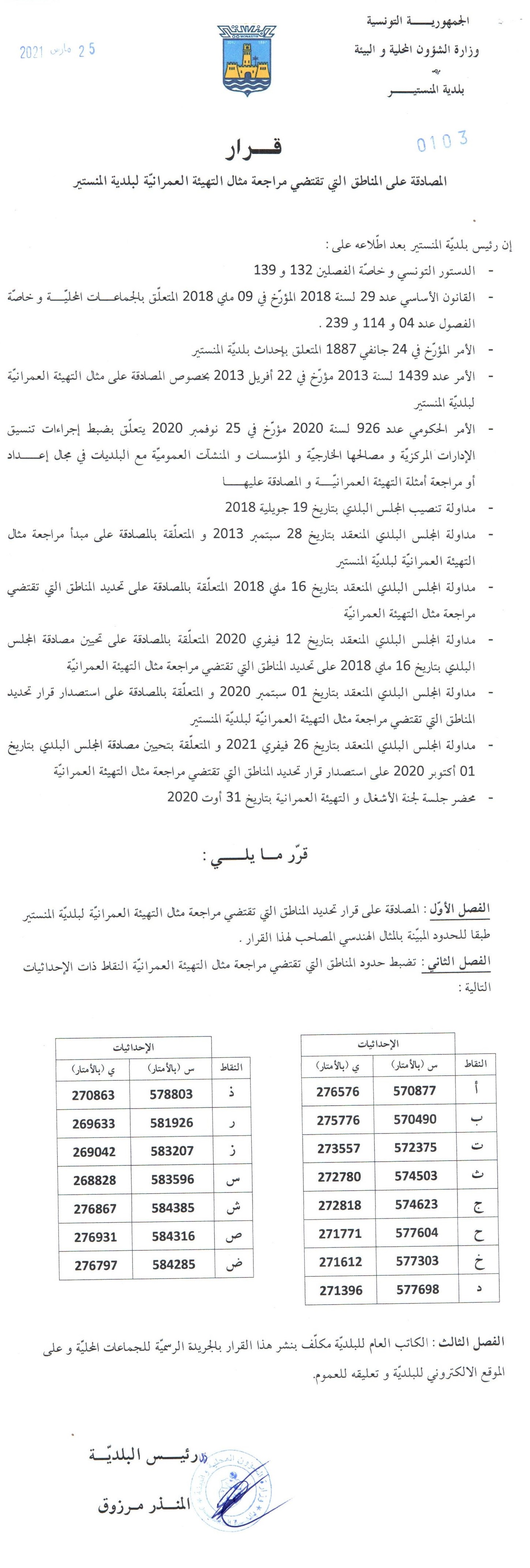 قرار عدد 103مؤرخ في 25 مارس 2021 يتعلق بالمصادقة على المناطق التي تقتضي مراجعة مثال التهيئة العمرانية لبلدية المنستير