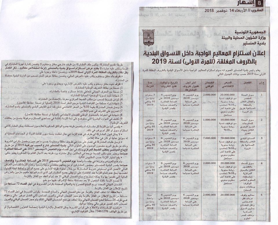 جريدة المغرب تنشر في عددها 2212 الصادر أمس الأربعاء 14 نوفمبر 2018 إعلانا حول استلزام المعاليم الواجبة داخل الأسواق البلدية بالظروف المغلقة للمرة الأولى لسنة 2019