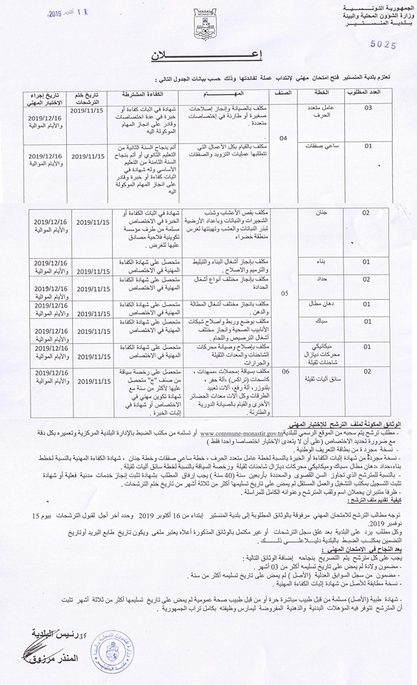 اعلان عـــ02ـــدد فتح اختبار مهني لانتداب عملة ببلدية المنستير