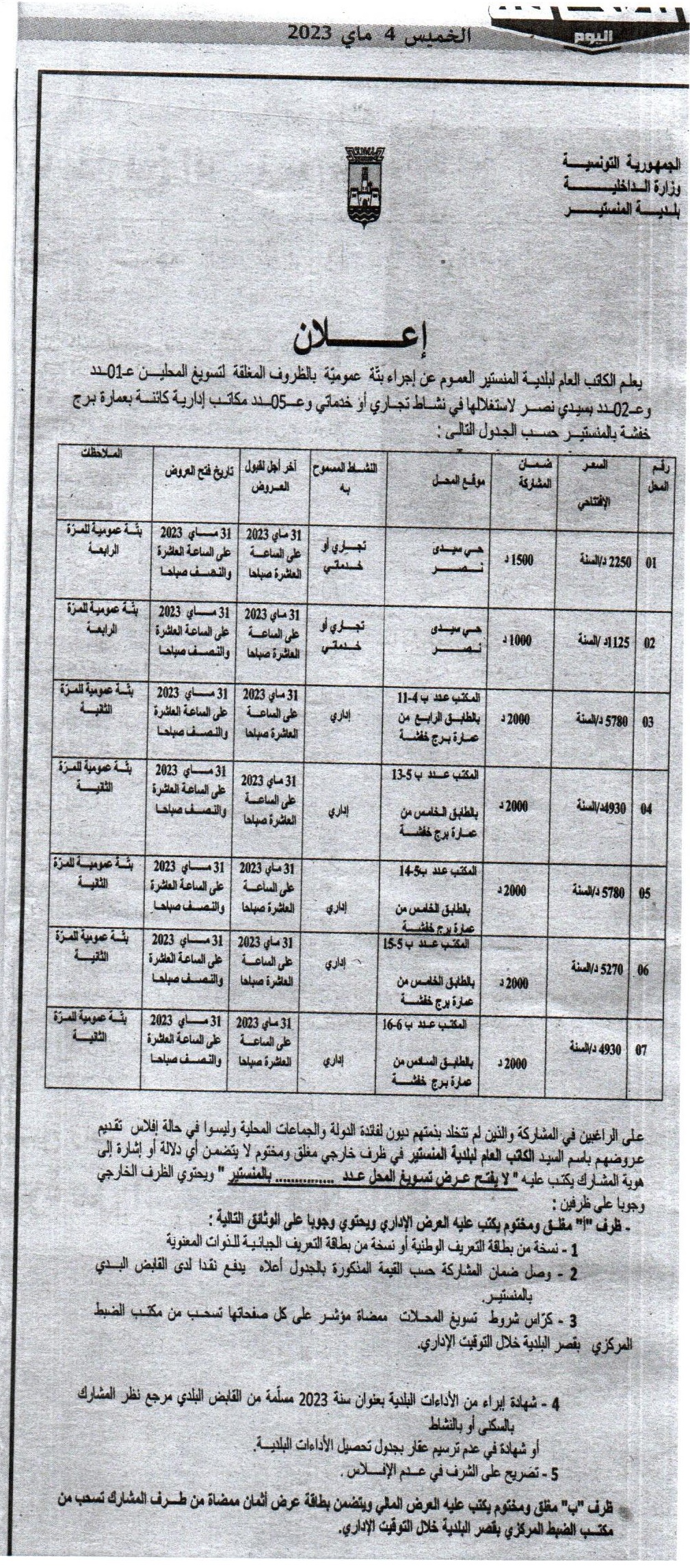 علان بجريدة الصحافة الصادرة يوم الخميس 04 ماي 2023 حول إجراء بتة عمومية لتسويغ محلين تجاريين بسيدي نصر و عدد 05 مكاتب ادارية بعمارة برج خفشة.