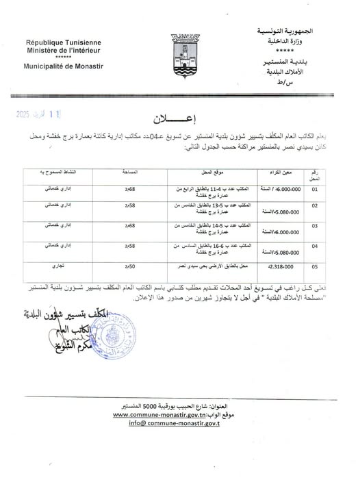 إعلام بتوسيغ عــ04ــدد مكاتب ادارية بعمارة برج خفشة ومحل كائن بسيدي نصر بالمنستير.