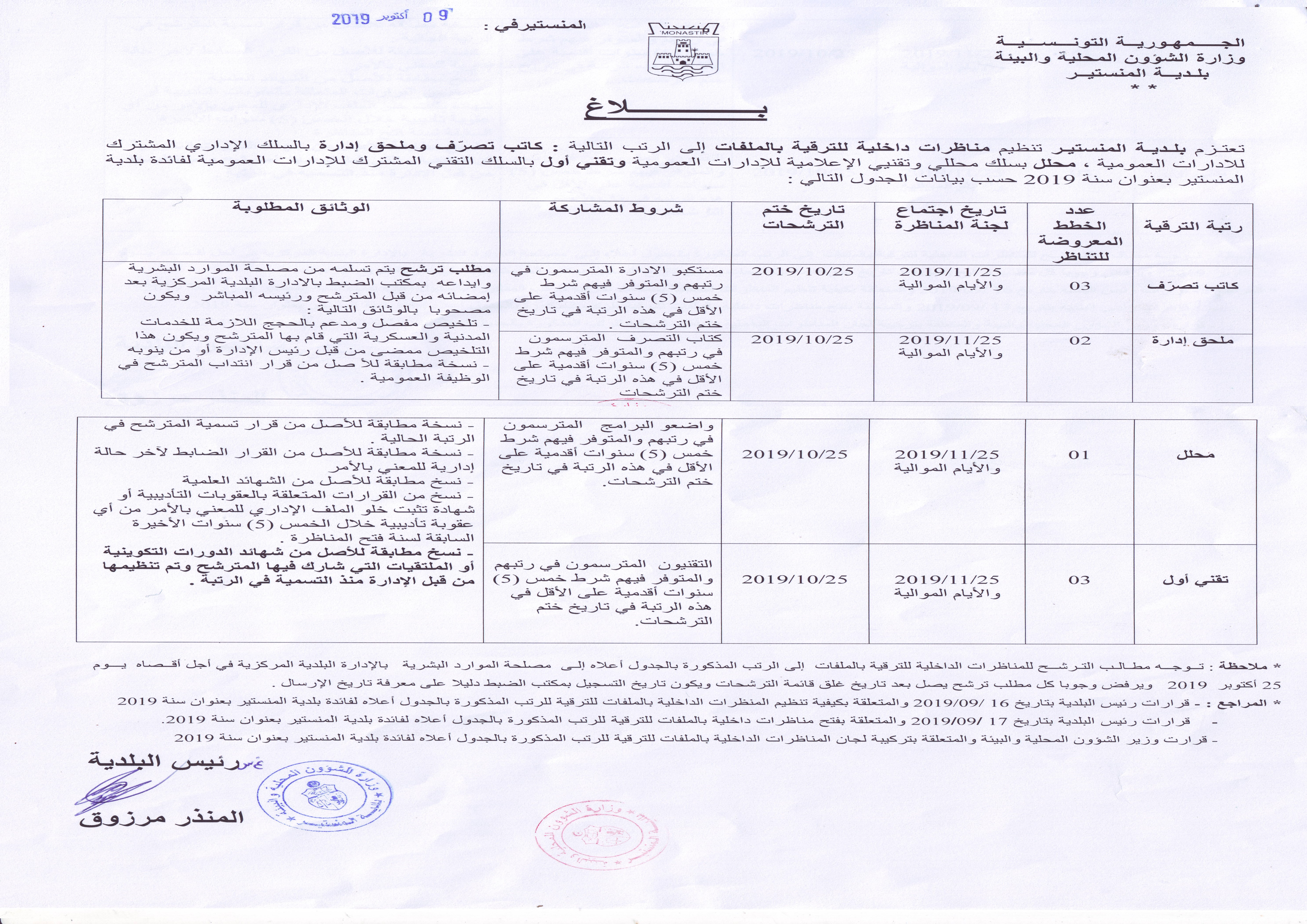 بلاغ يهم المناظرات الداخلية للترقية بالملفات لبلدية المنستير.